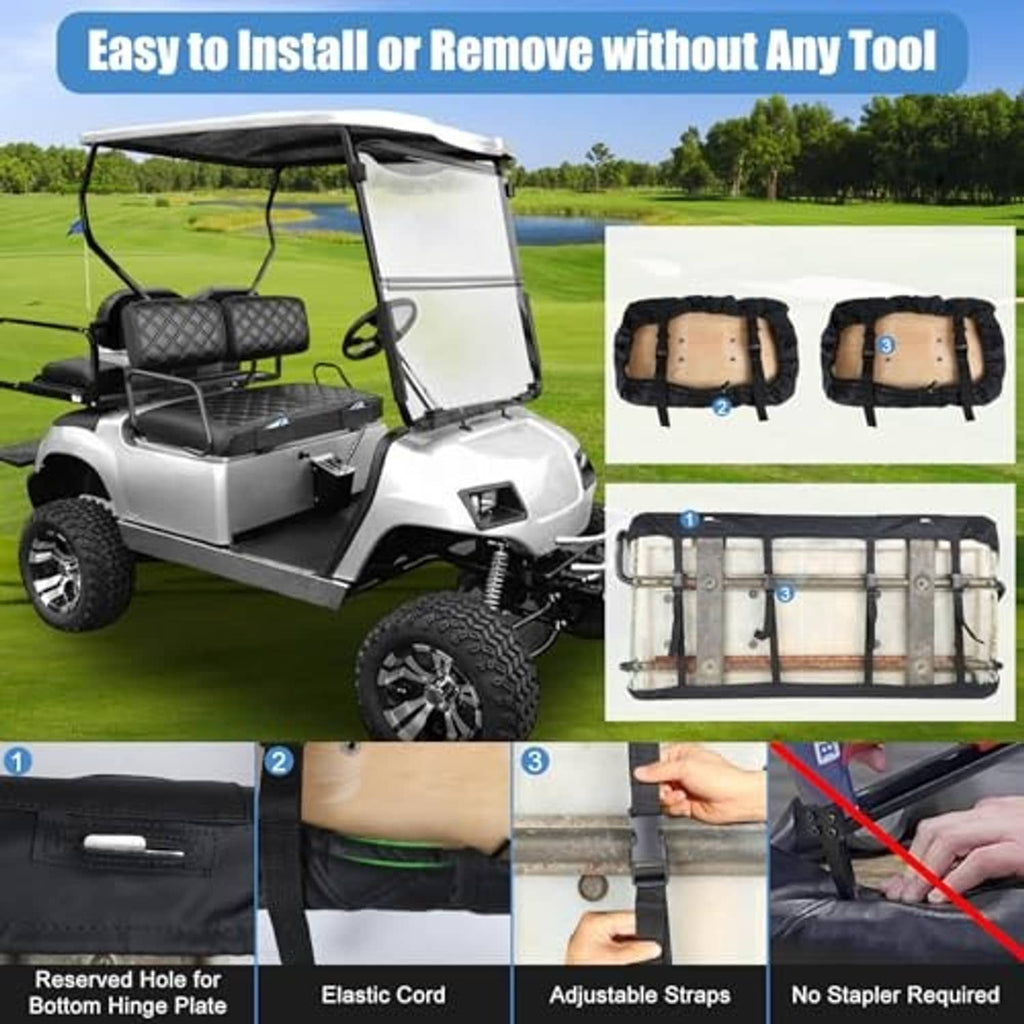 Golf cart seat cover installed with elastic straps and reserved hardware openings