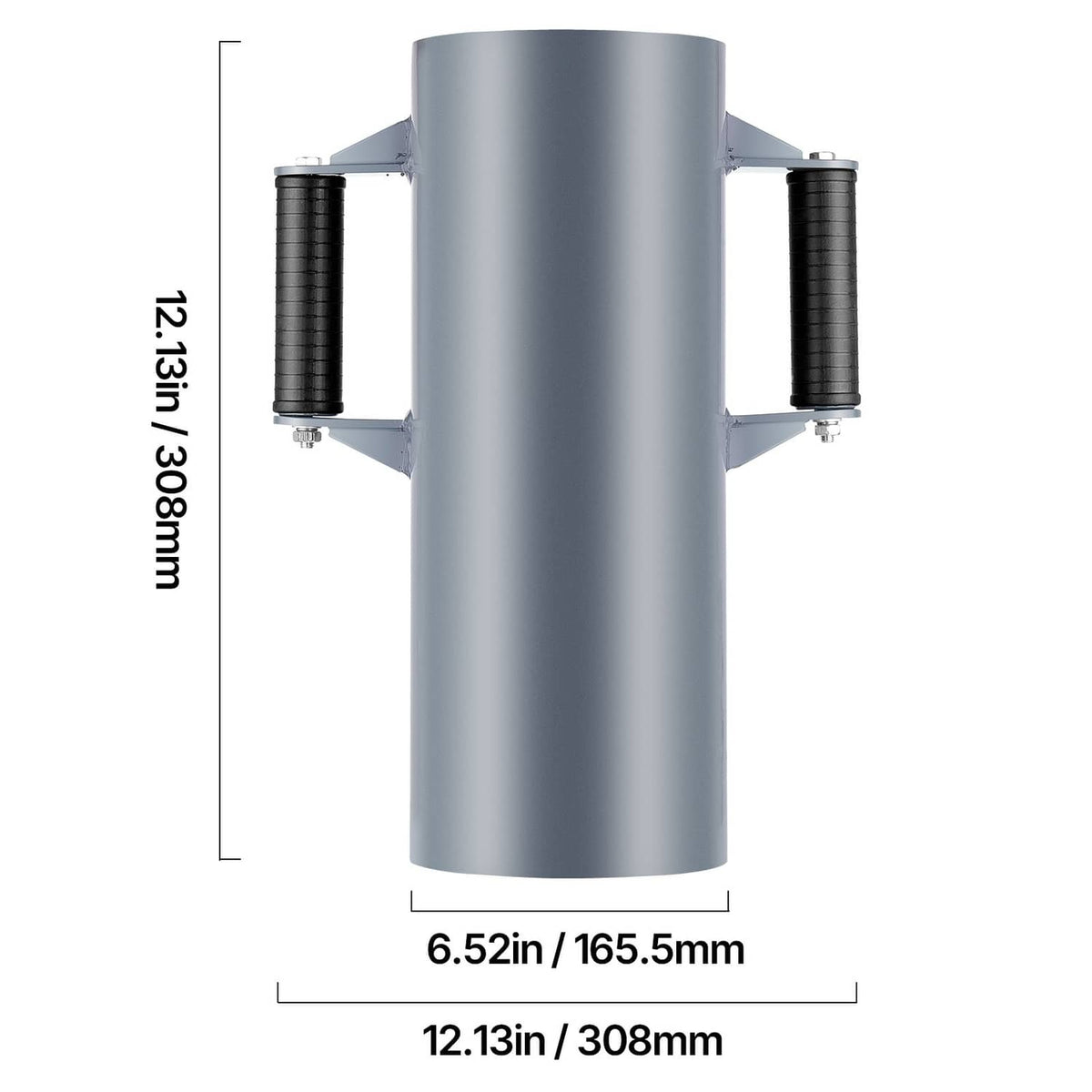 Gray fence post driver rammer with cylindrical head, dual side handles, and height markings