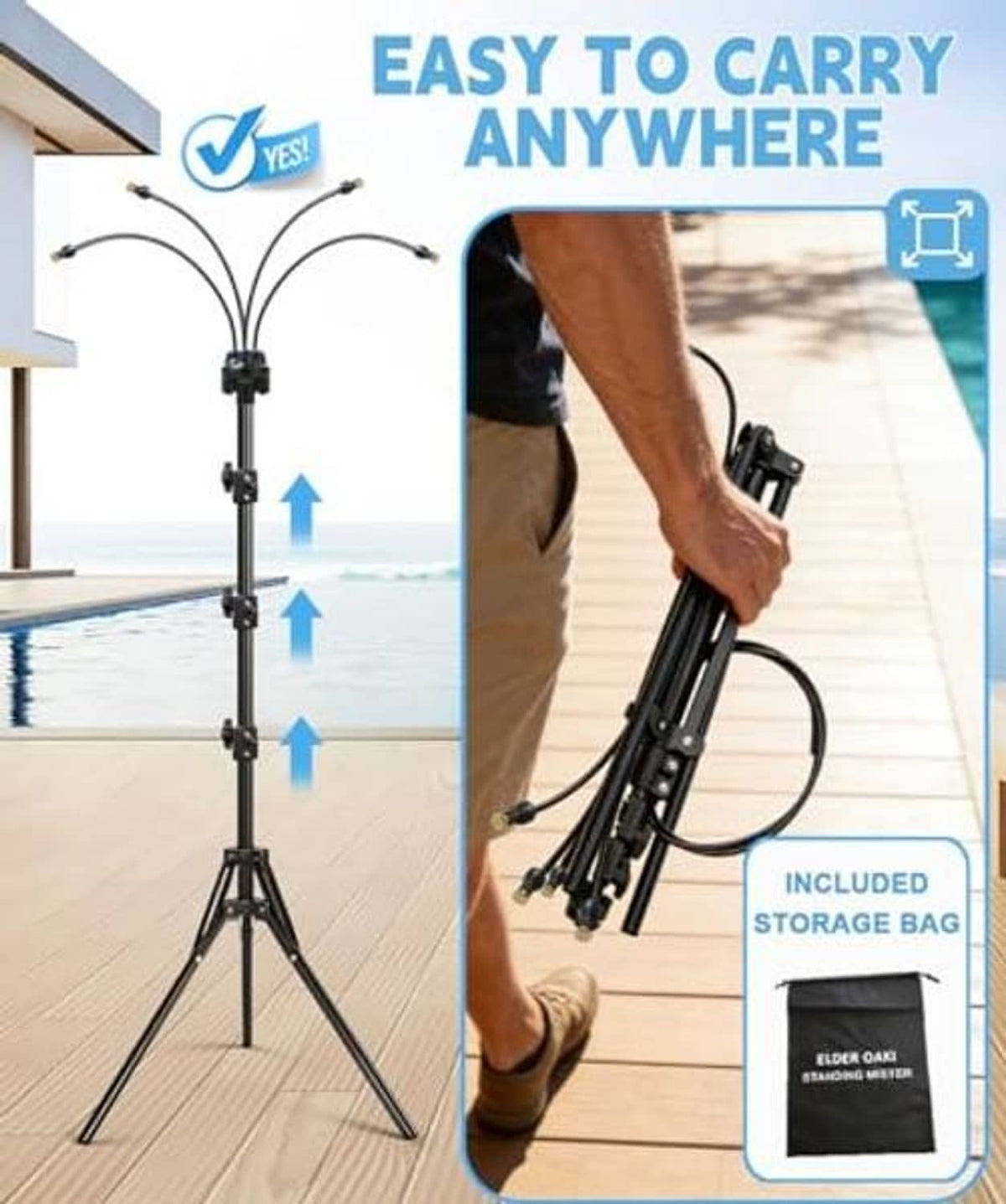Portable standing misting tripod with included storage bag for easy carrying
