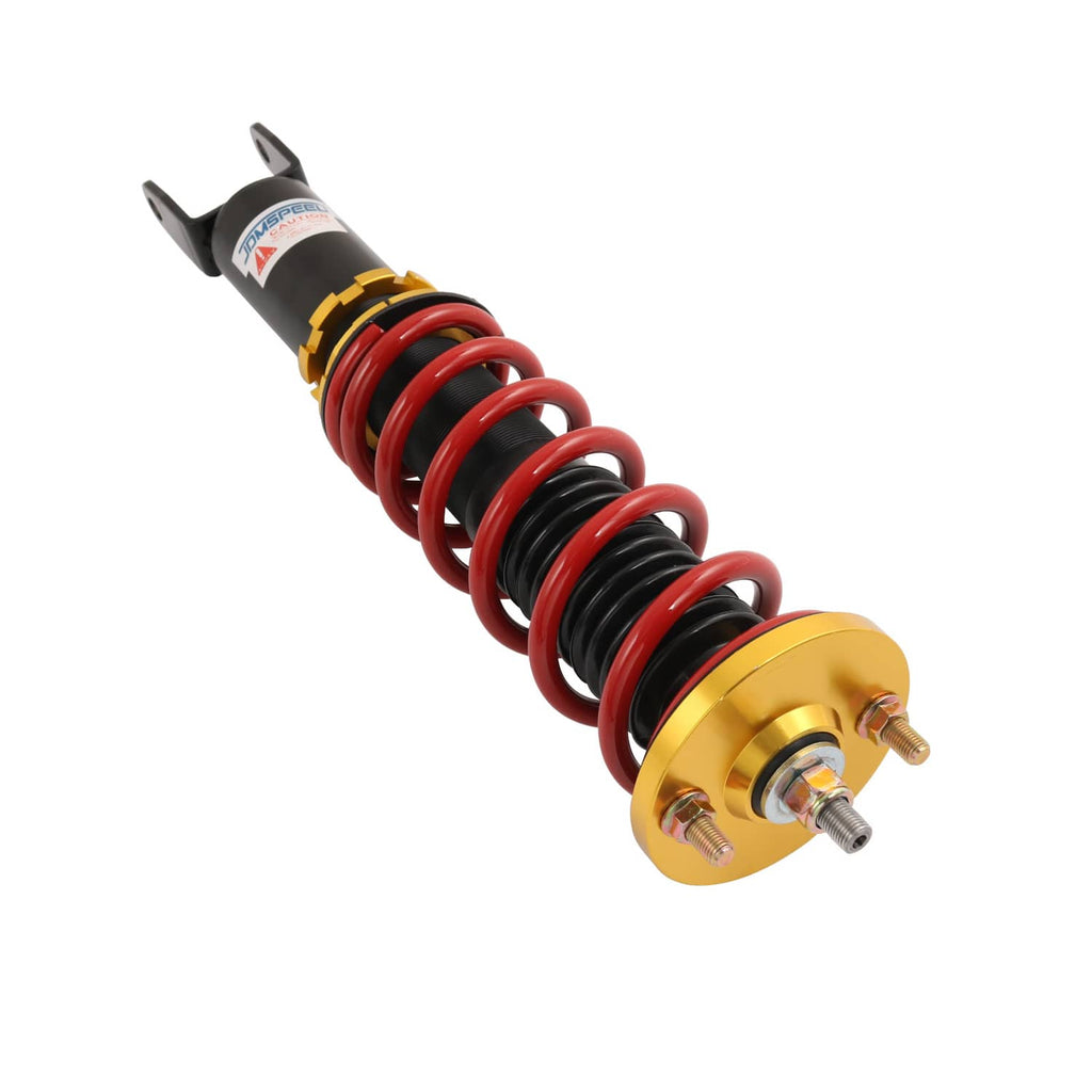 Adjustable coilover strut with red spring coils, gold top plate, and black shock