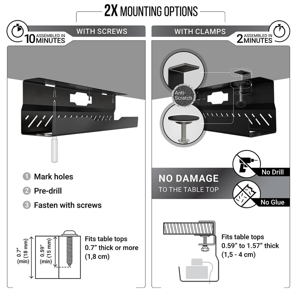 Under-desk cable tray showing screw and clamp mounting options for a no-drill setup