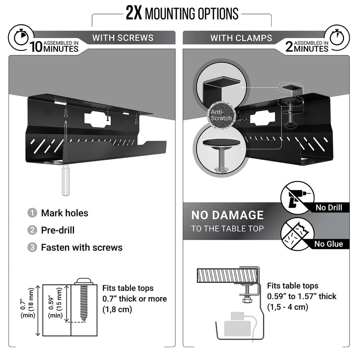 Under-desk cable tray showing screw and clamp mounting options for a no-drill setup