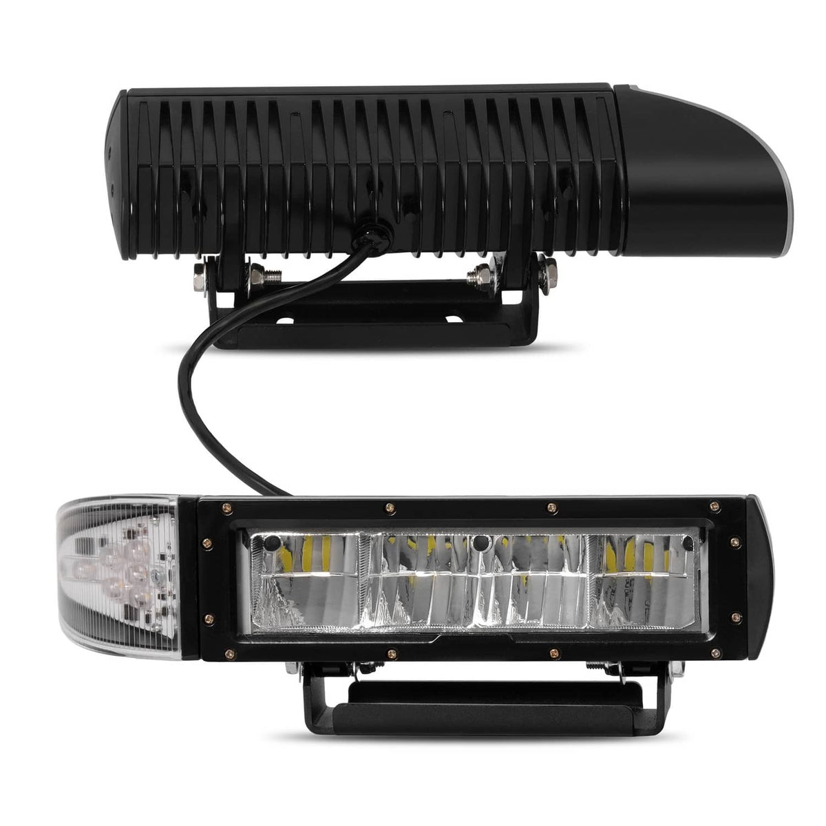 Heated LED plow light bar with black vented housing, front clear lens, and mounting base