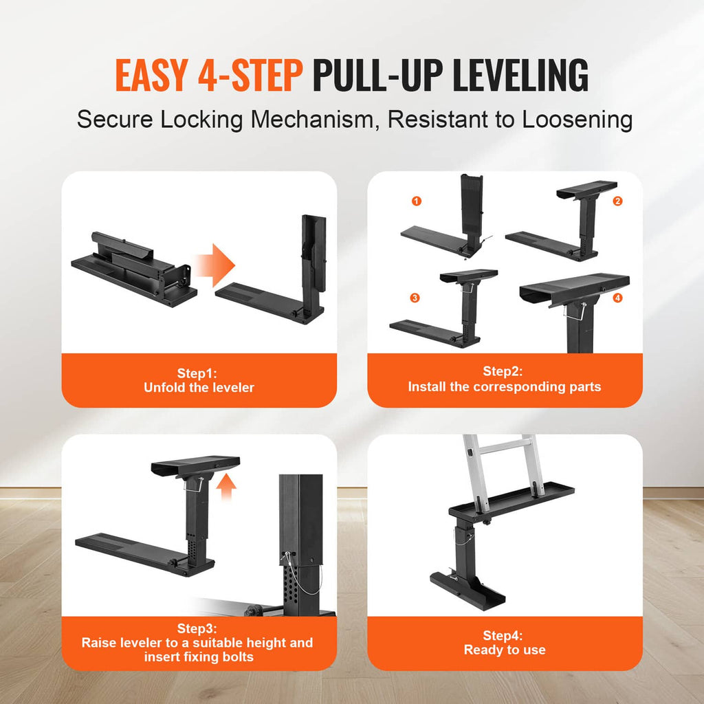 Black ladder leveling stabilizer showing locking mechanism and installation steps