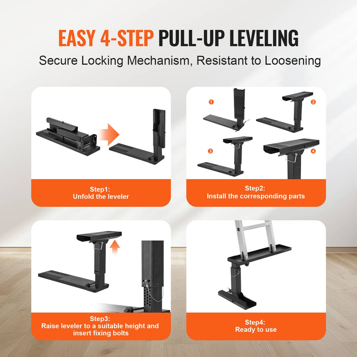 Black ladder leveling stabilizer showing locking mechanism and installation steps