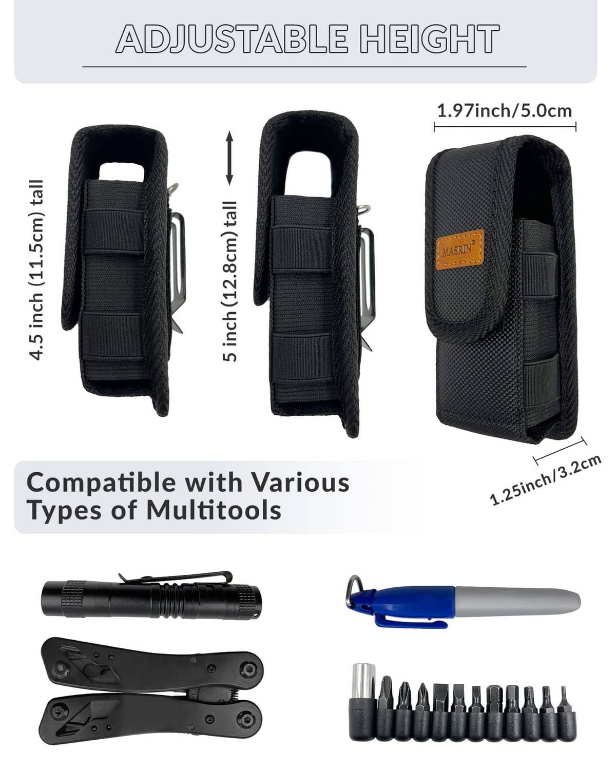 Black adjustable-height multitool pouch with carabiner loop, front and side views
