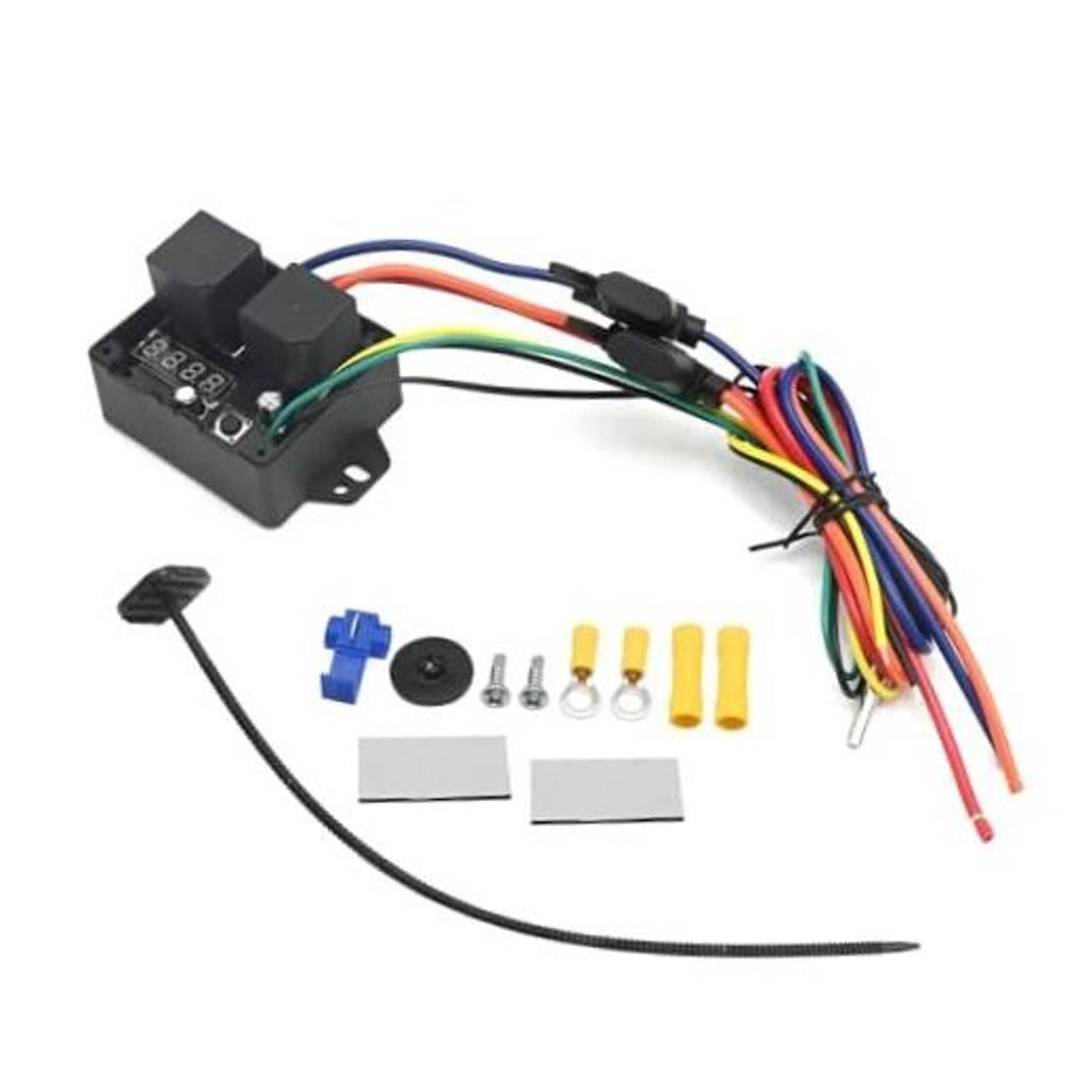 Digital radiator fan controller kit with black relay module, cable, and mounting parts
