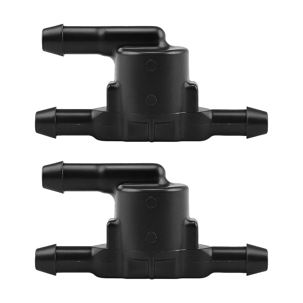 Two black windshield washer check valves with hose connectors, front view