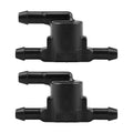 Two black windshield washer check valves with hose connectors, front view