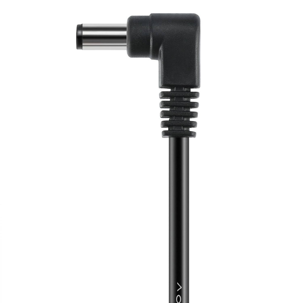 Right-angle black DC guitar pedal power cable plug with ribbed connector housing