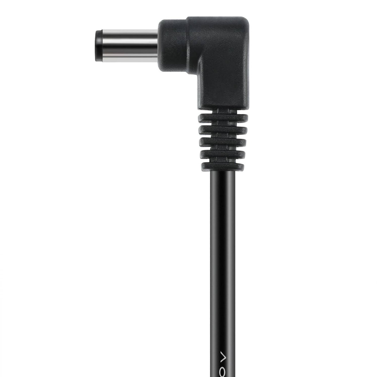 Right-angle black DC guitar pedal power cable plug with ribbed connector housing