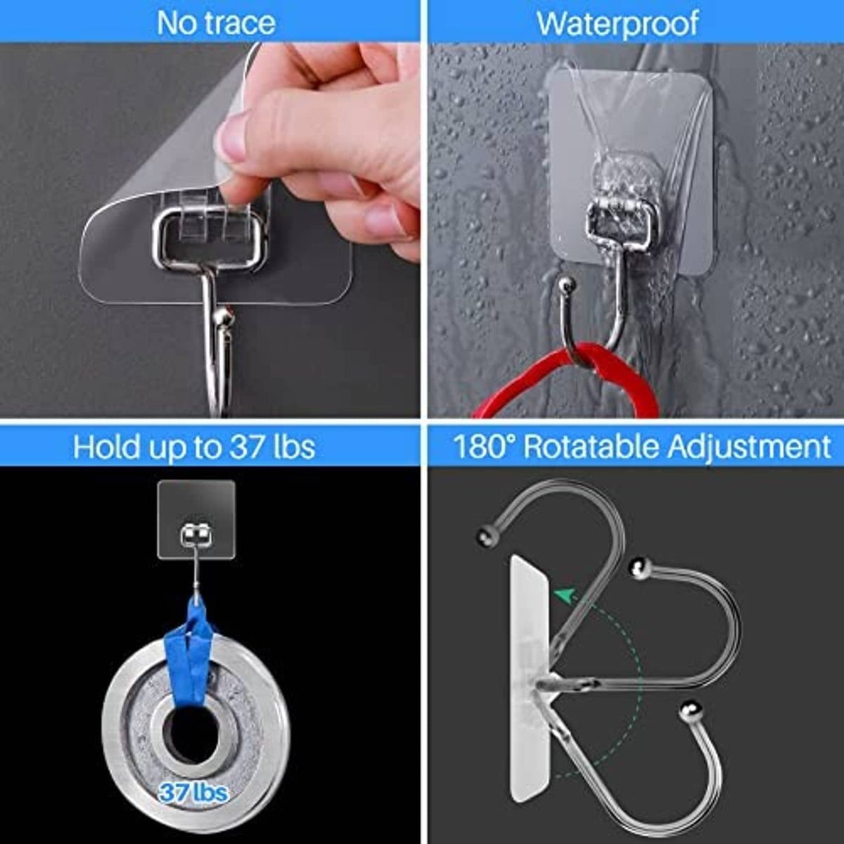 Clear adhesive hook with chrome U hook shown in waterproof and rotatable feature panels