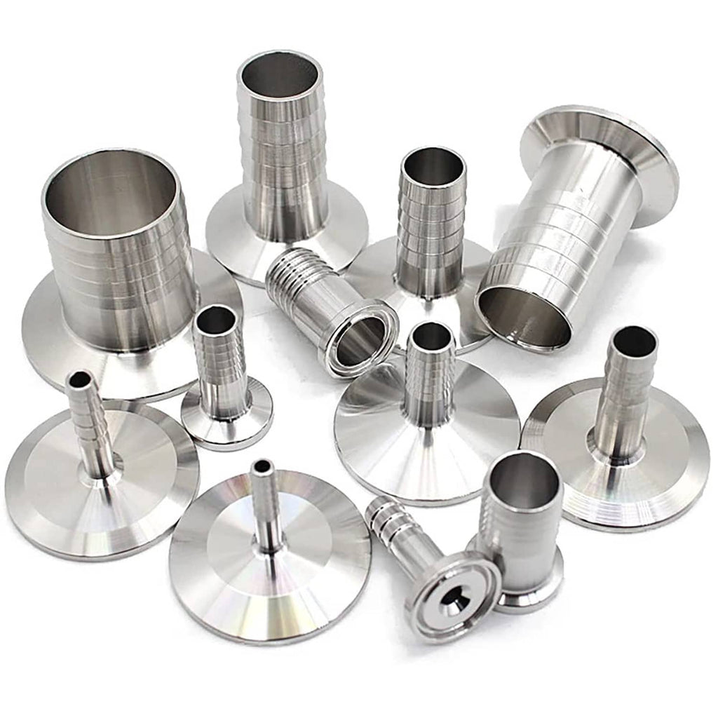 Assorted stainless Tri Clamp adapter fittings with flat bases and barbed outlets