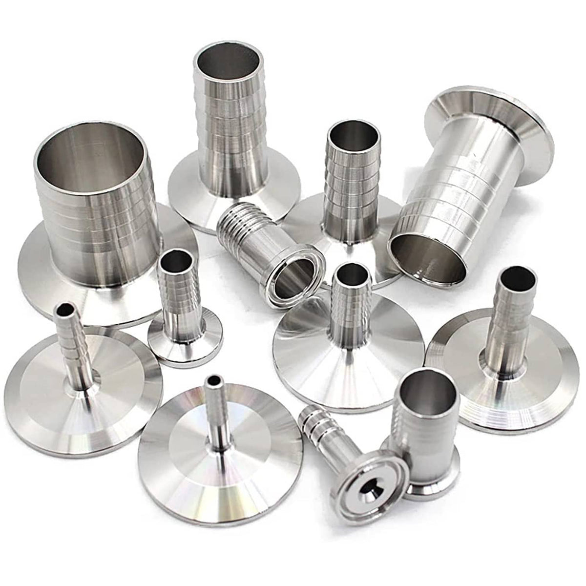 Assorted stainless Tri Clamp adapter fittings with flat bases and barbed outlets