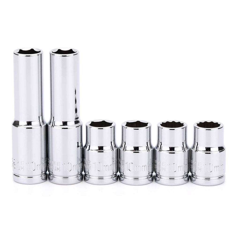 Chrome impact socket set, 3/8-inch drive, shiny metal with six socket sizes