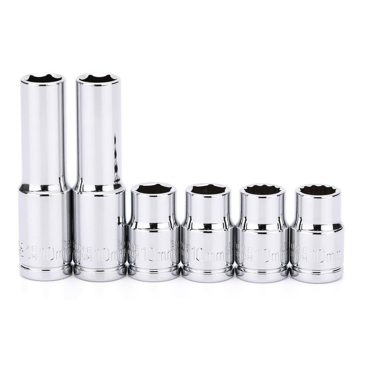 Chrome impact socket set, 3/8-inch drive, shiny metal with six socket sizes