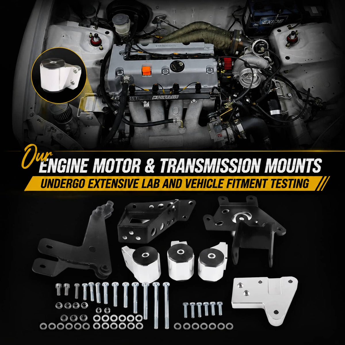 Engine mount bracket kit with black plates, white blocks, and included bolt hardware
