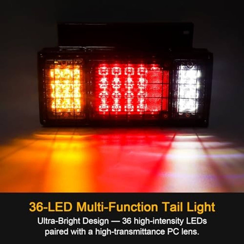 Illuminated LED trailer tail lights showing amber, red, and white light patterns