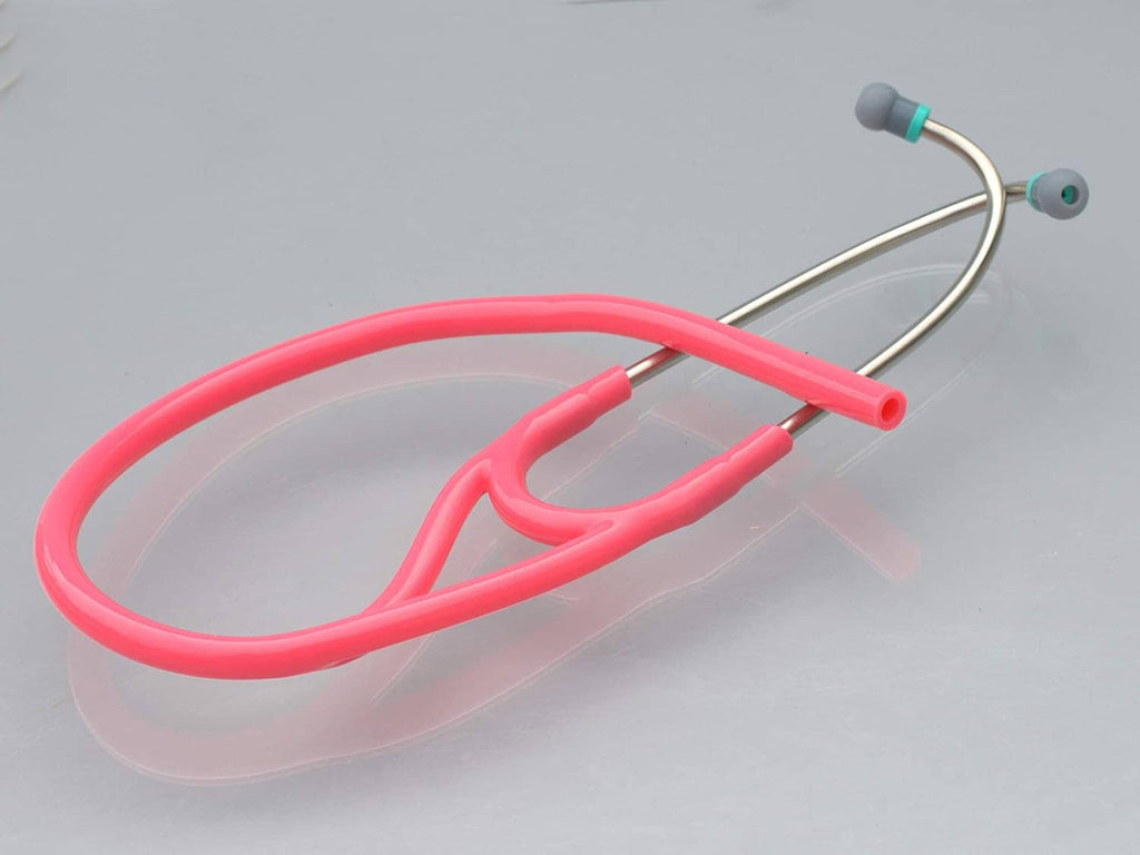 Red cardiology tubing with metal Y-connector and gray ear tips