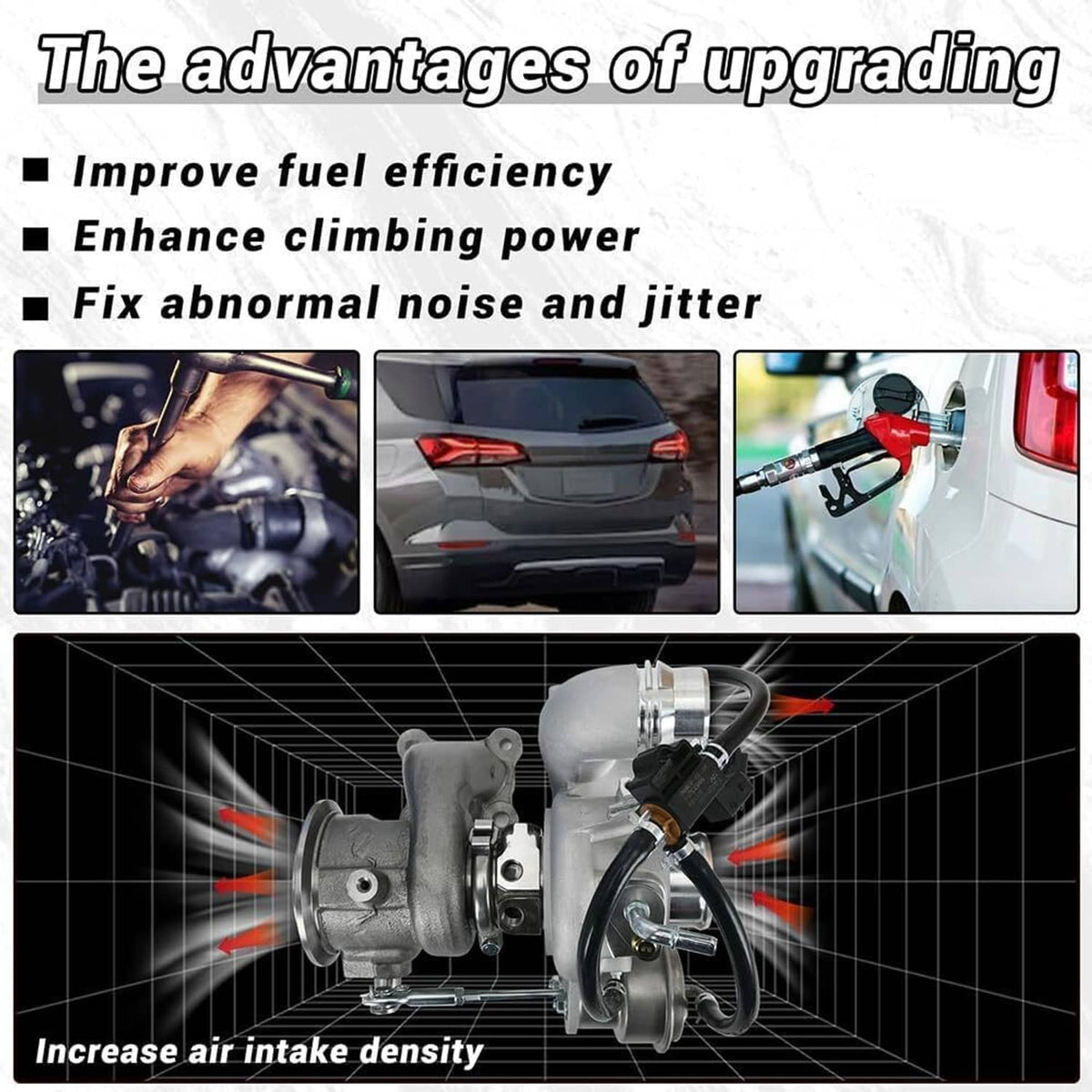 Turbocharger unit shown with intake side and air inlet tube, metal and black parts