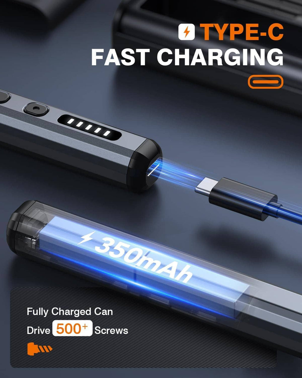 Cordless precision electric screwdriver with Type-C charging and blue LED battery indicator