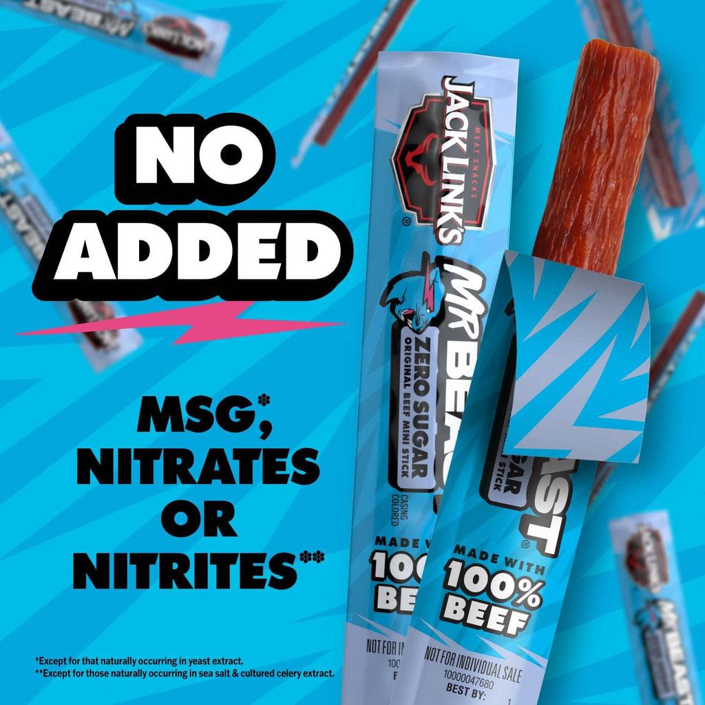 MrBeast zero sugar mini beef jerky sticks package with no added MSG, nitrates or nitrites