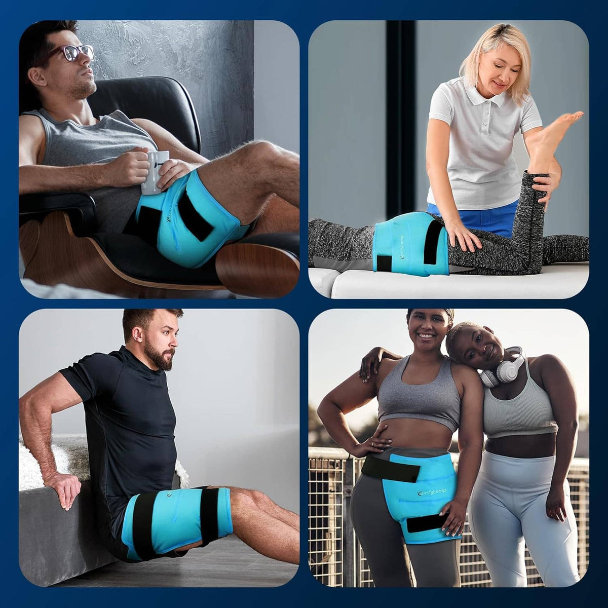 Light blue hip ice pack wrap worn during seated and standing activities
