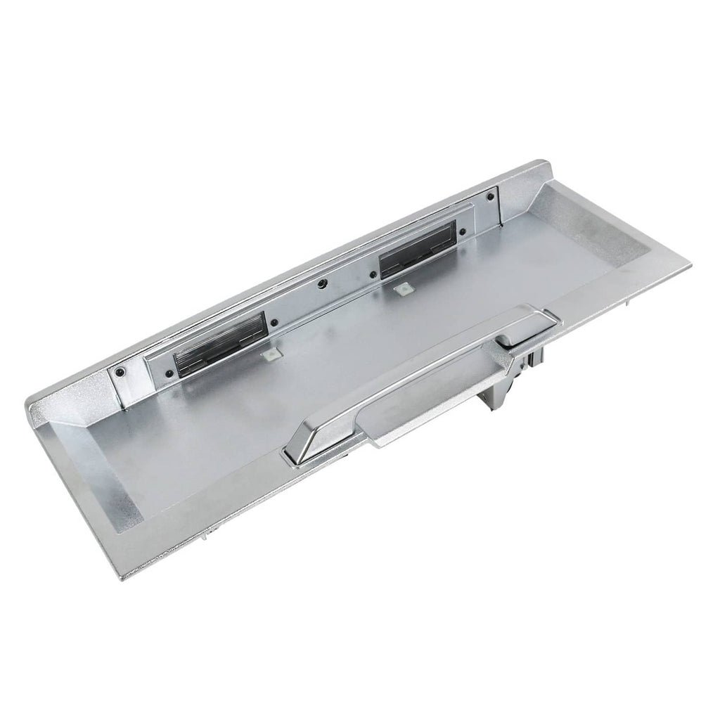 Silver metal rear tailgate license plate pocket with recessed black insert