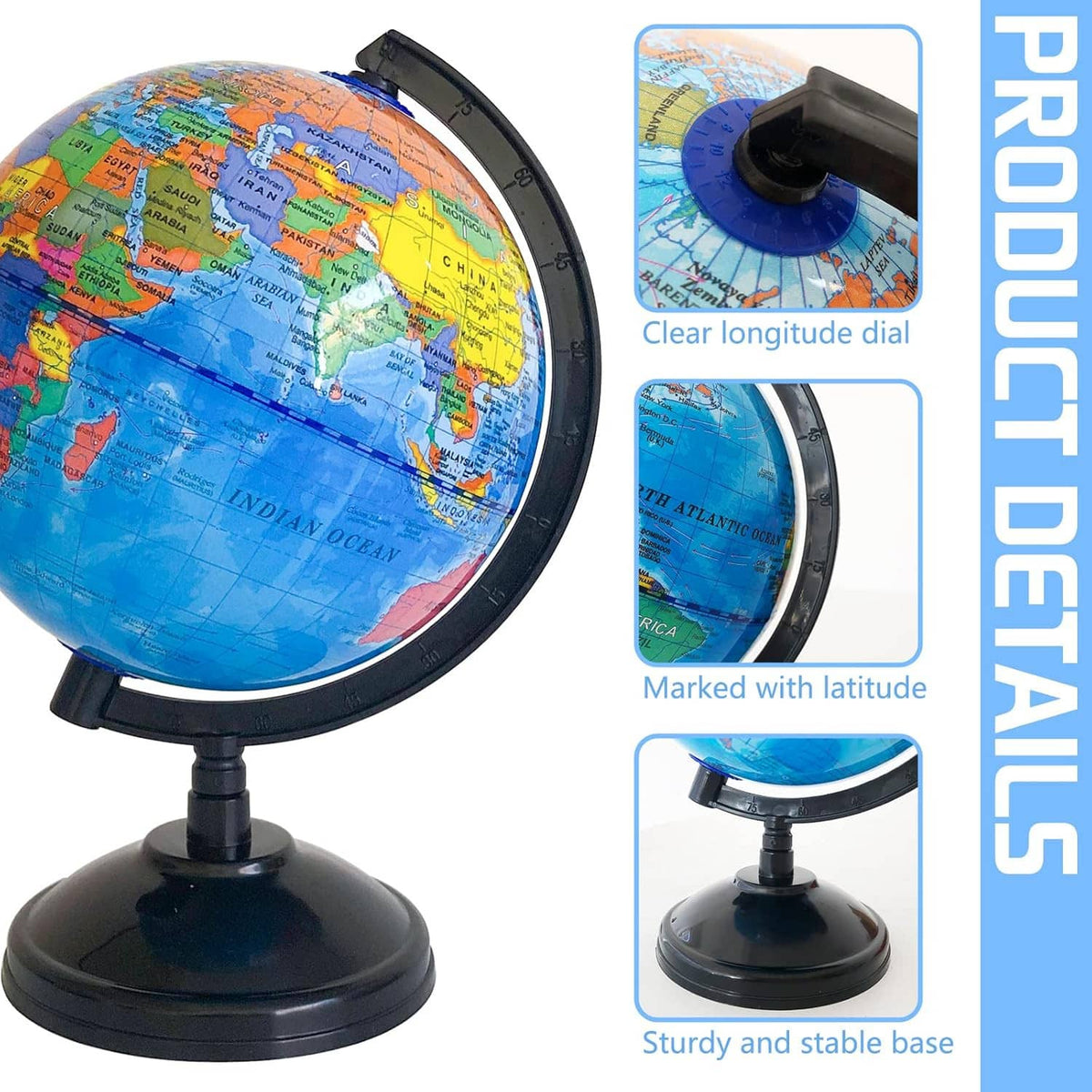 World globe on black stand with clear printed map details and mounted ring