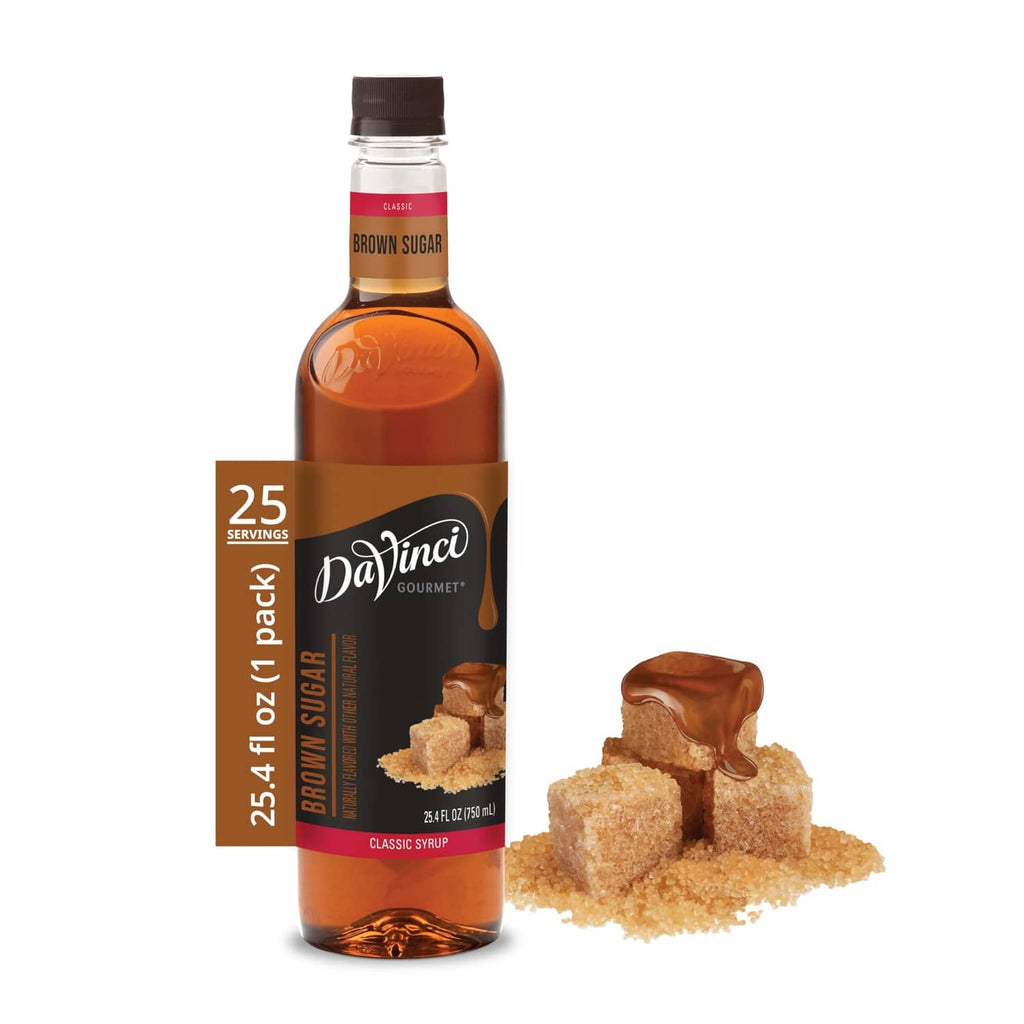 Brown sugar syrup bottle with serving label and brown sugar cubes