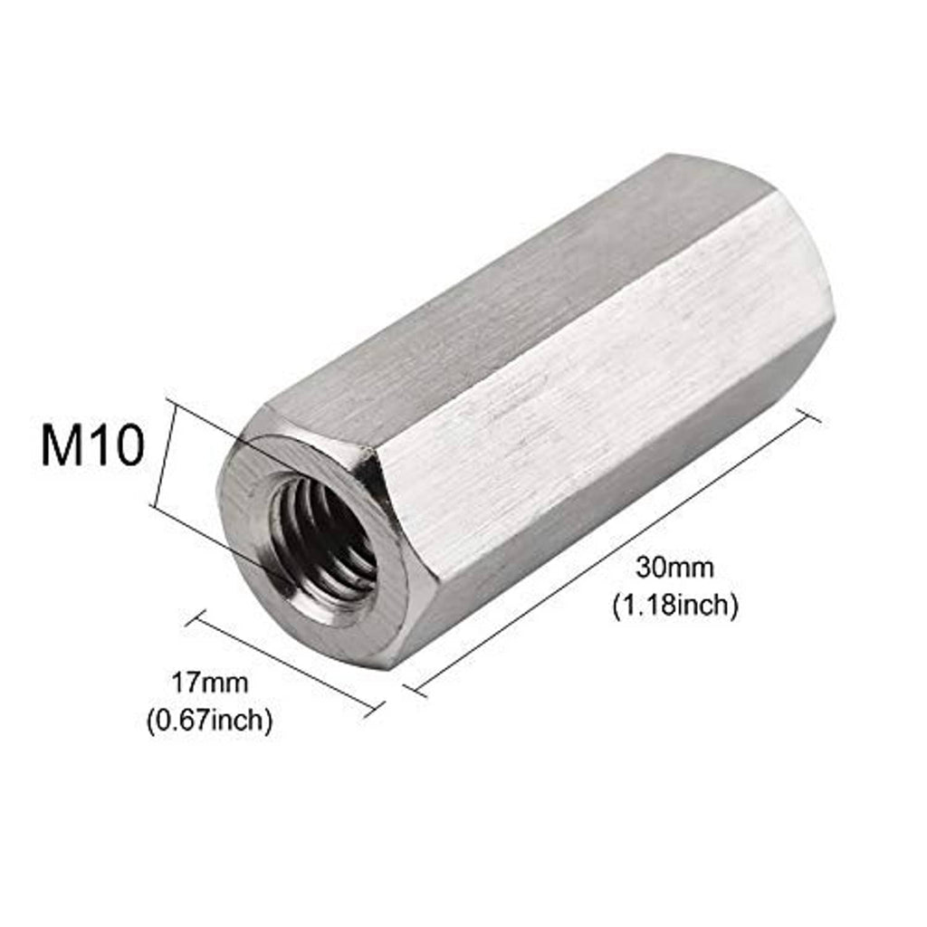 M10 x 1.5 threaded hex coupling nut sleeve, silver metal, 30mm length, 17mm hex width