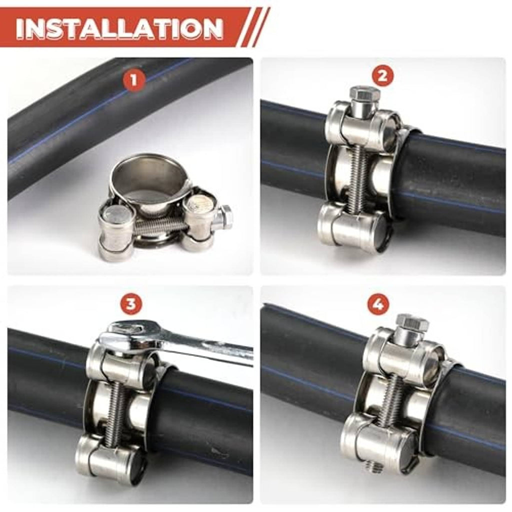 T-bolt hose clamp installation steps on hose and pipe, band and bolts visible