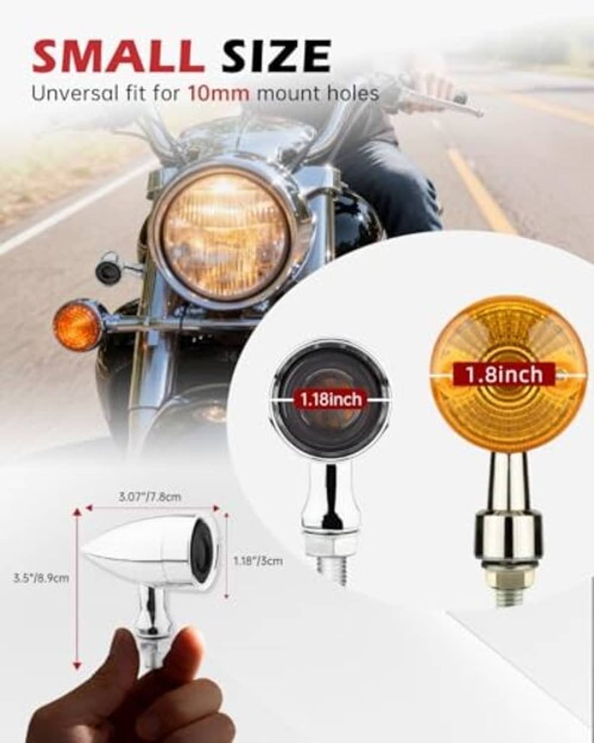 Universal-fit motorcycle LED turn signals with amber and red lenses and threaded stems