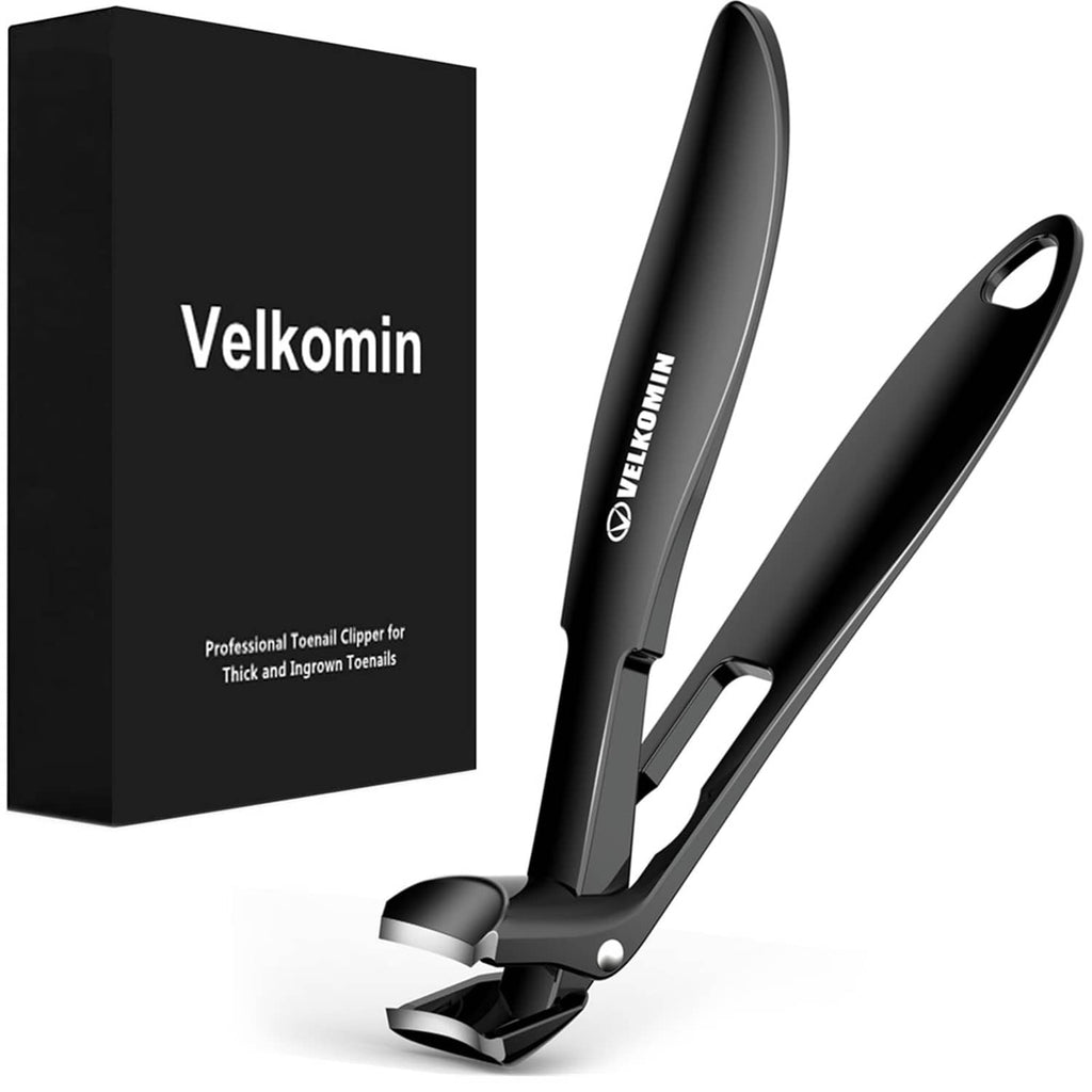 Black long-handled toenail clippers with curved cutting head and finger grip.