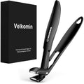 Black long-handled toenail clippers with curved cutting head and finger grip.