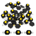 Set of mini latching push button switches, black housings with yellow caps and metal tabs