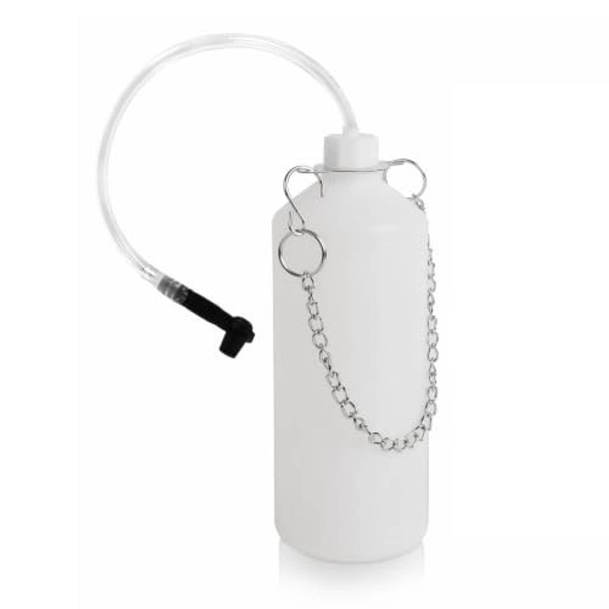 Brake bleeder bottle with hanging chain, clear suction hose, and black pump handle