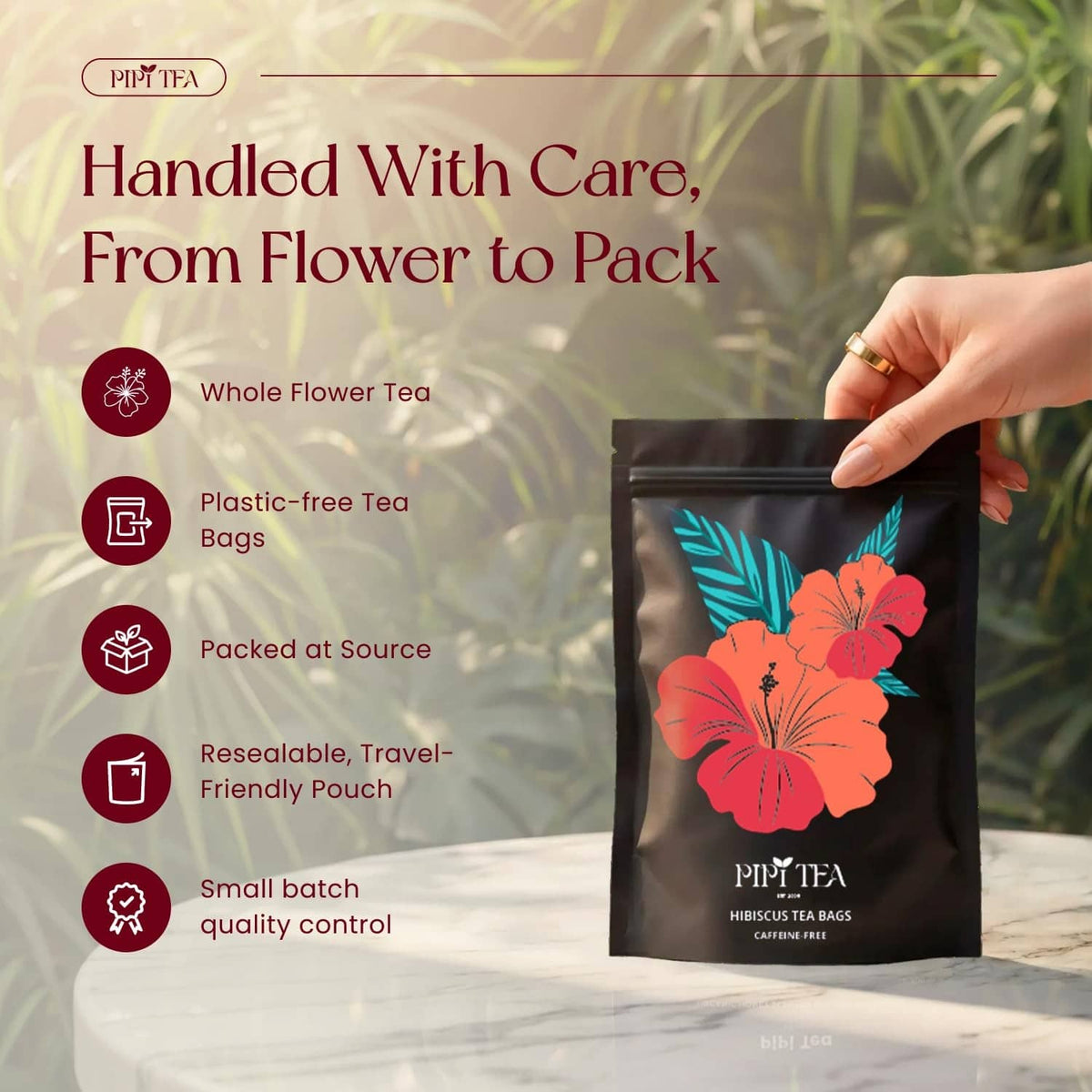 Hibiscus tea bag pouch held in hand, resealable style with hibiscus flower print