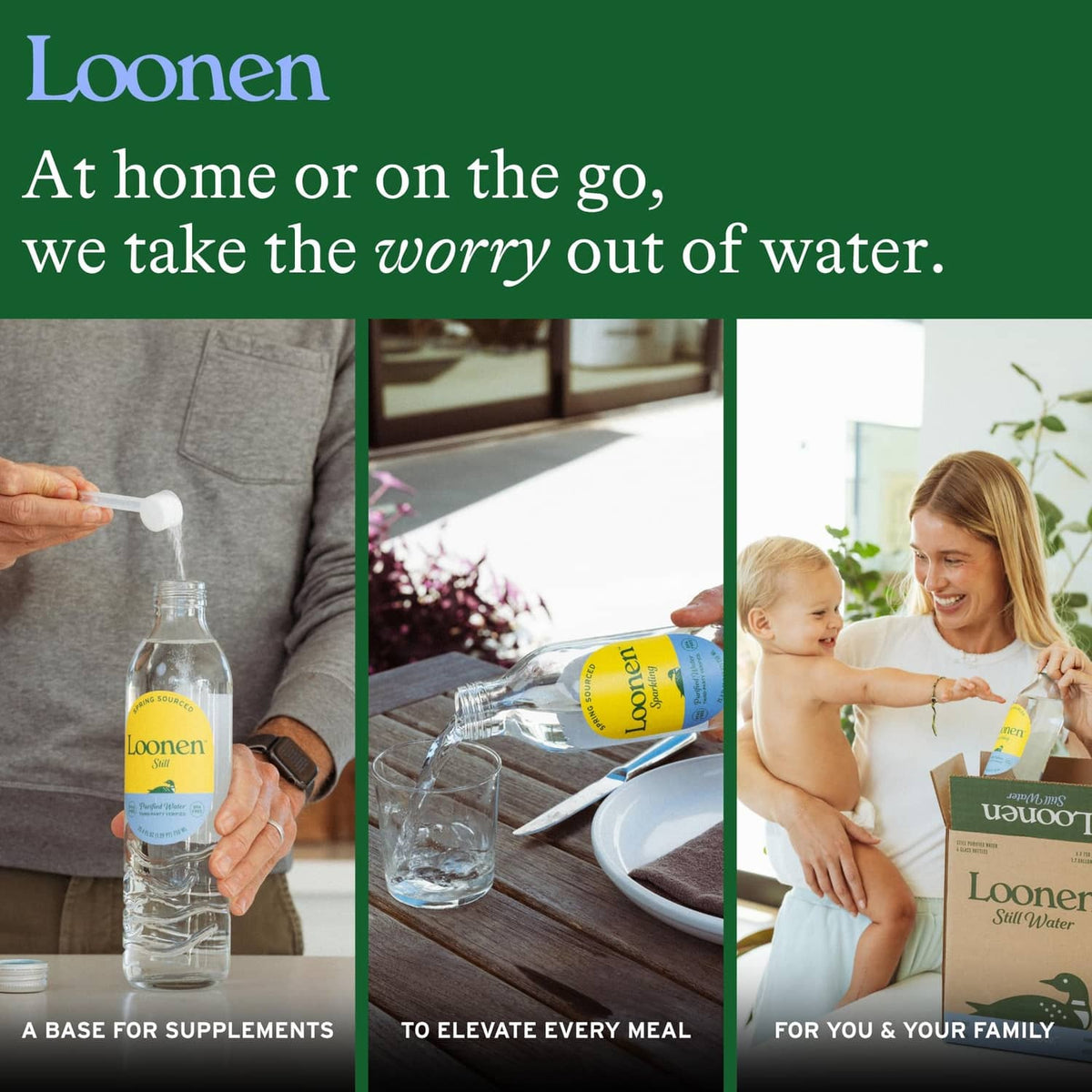 Loonen sparkling water glass bottle held with carton for home and family
