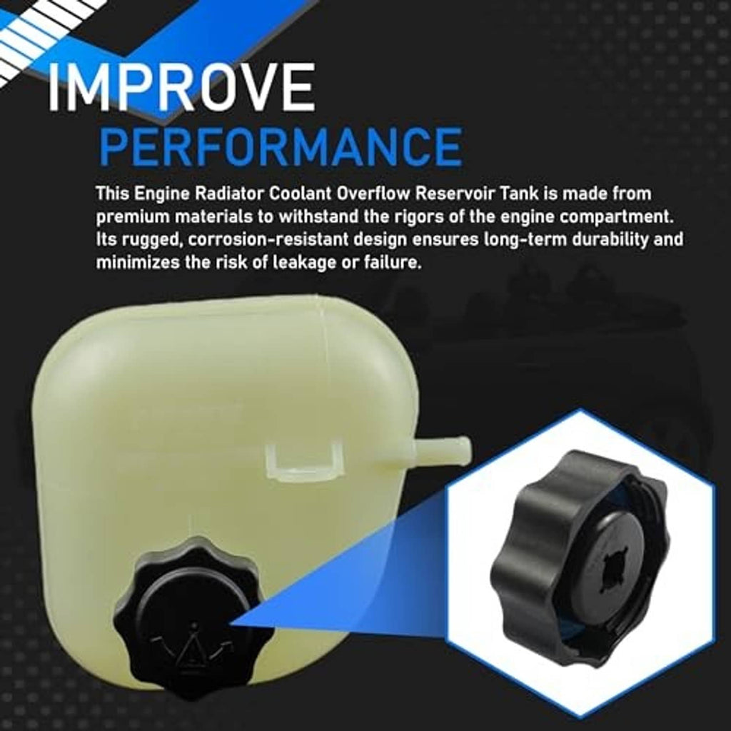 Engine coolant overflow reservoir tank with cap, translucent pale green, cap close-up
