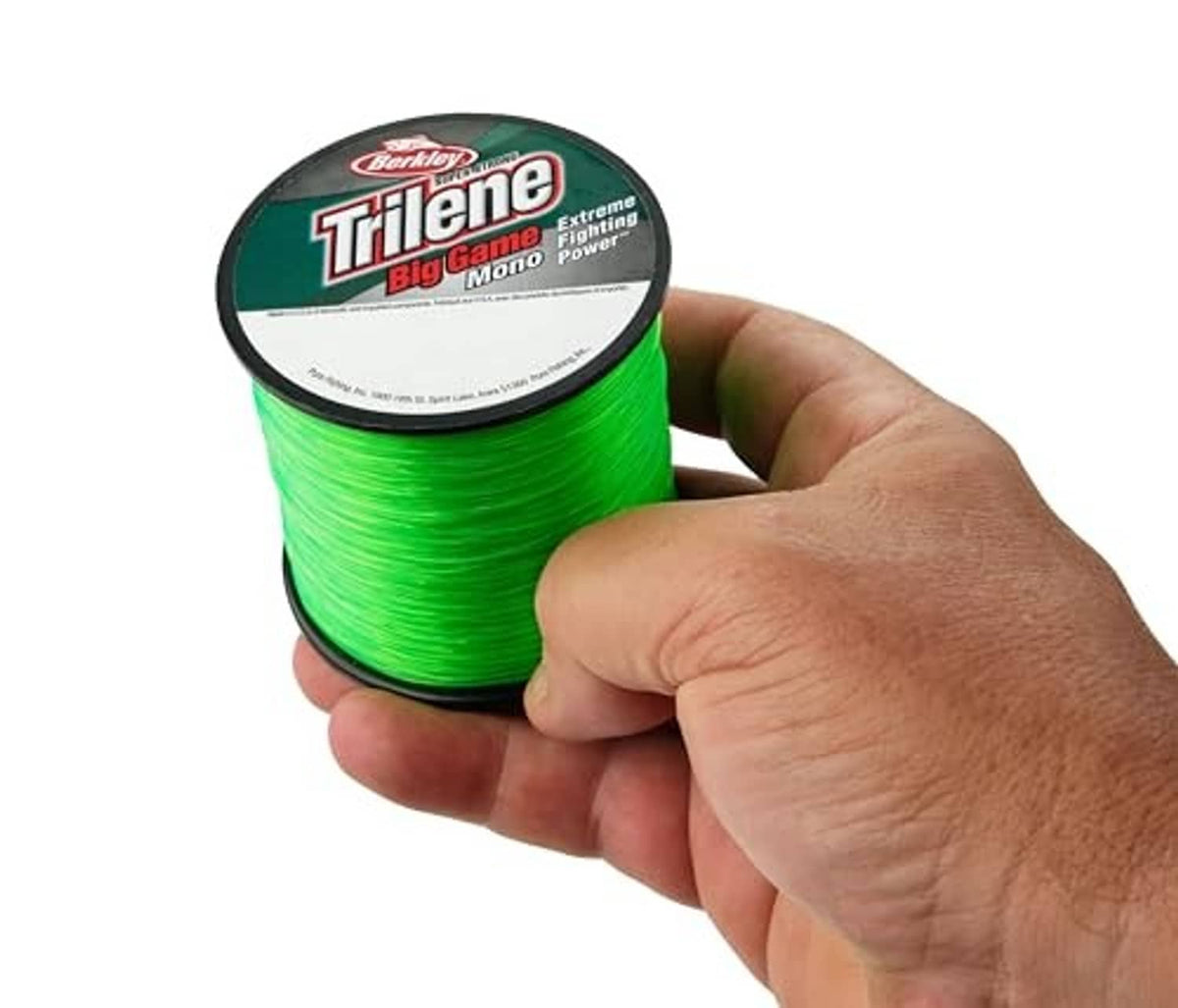 Neon green monofilament fishing line spool held in hand, Berkley Trilene label