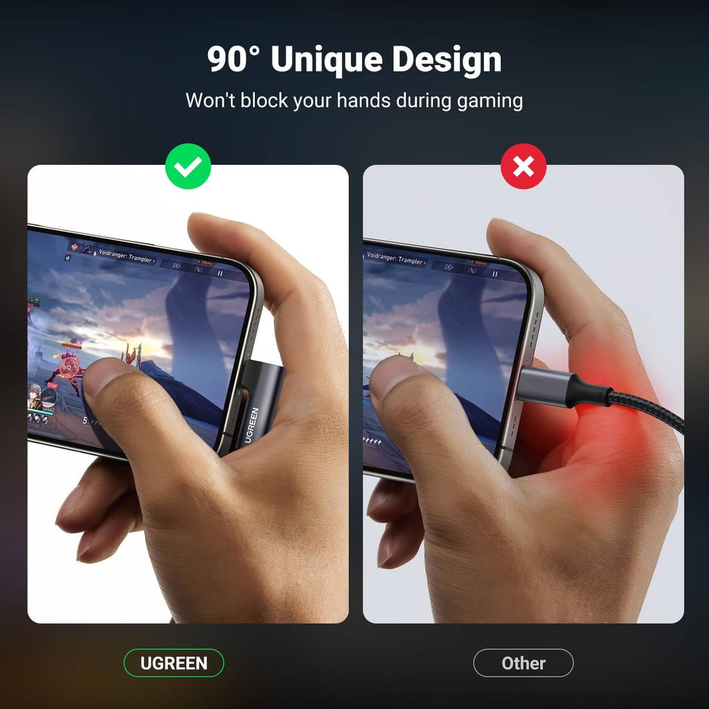 Right-angle black USB-C to 3.5mm audio adapter plugged into a smartphone