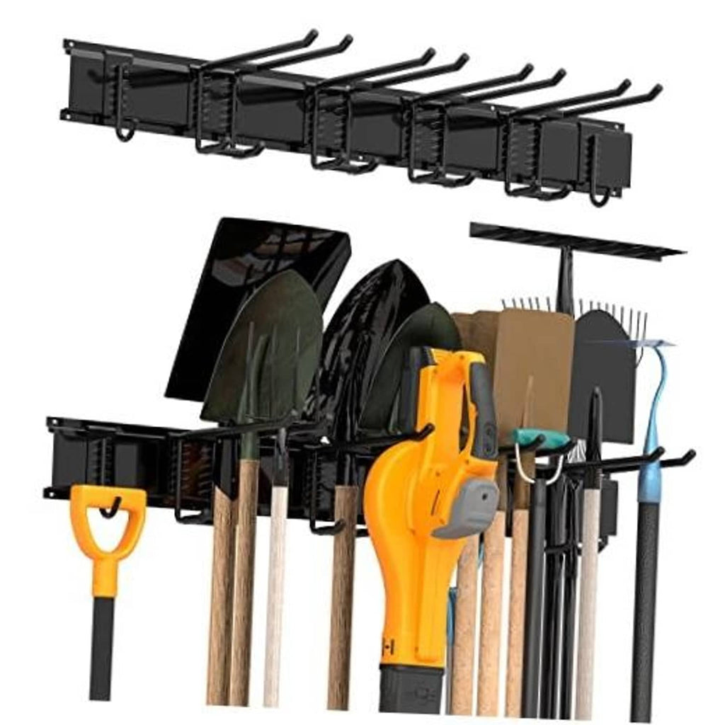 Black tool storage rack with hooks holding garden and garage tools