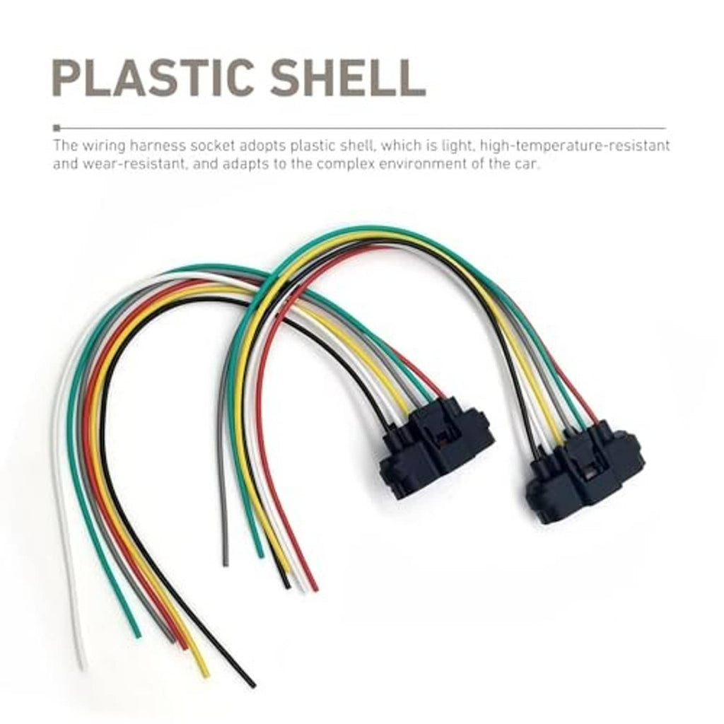 Pair of 6-pin wiring harness connectors with black plugs and multicolor wire bundle