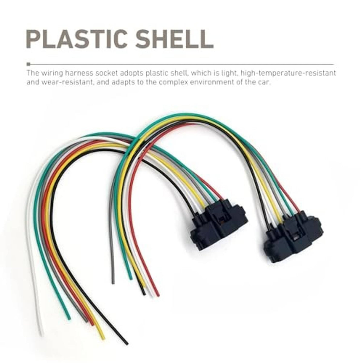 Pair of 6-pin wiring harness connectors with black plugs and multicolor wire bundle