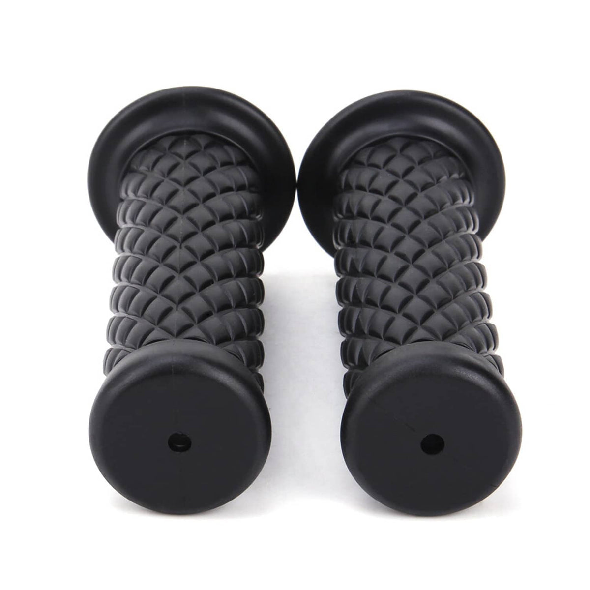 Pair of black motorcycle hand grips with diamond texture and round end caps