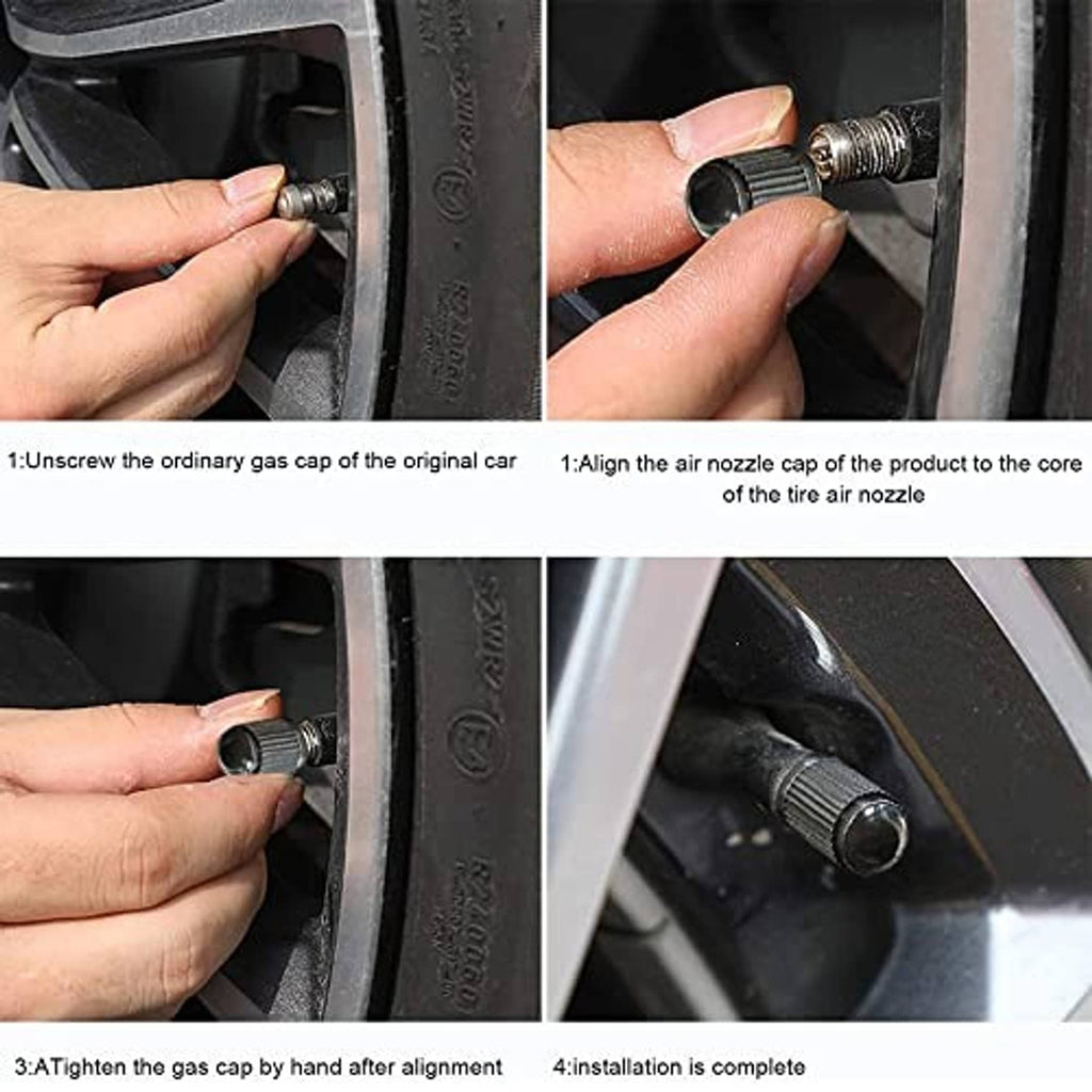 Hands installing black valve stem cap onto tire valve, threaded core alignment