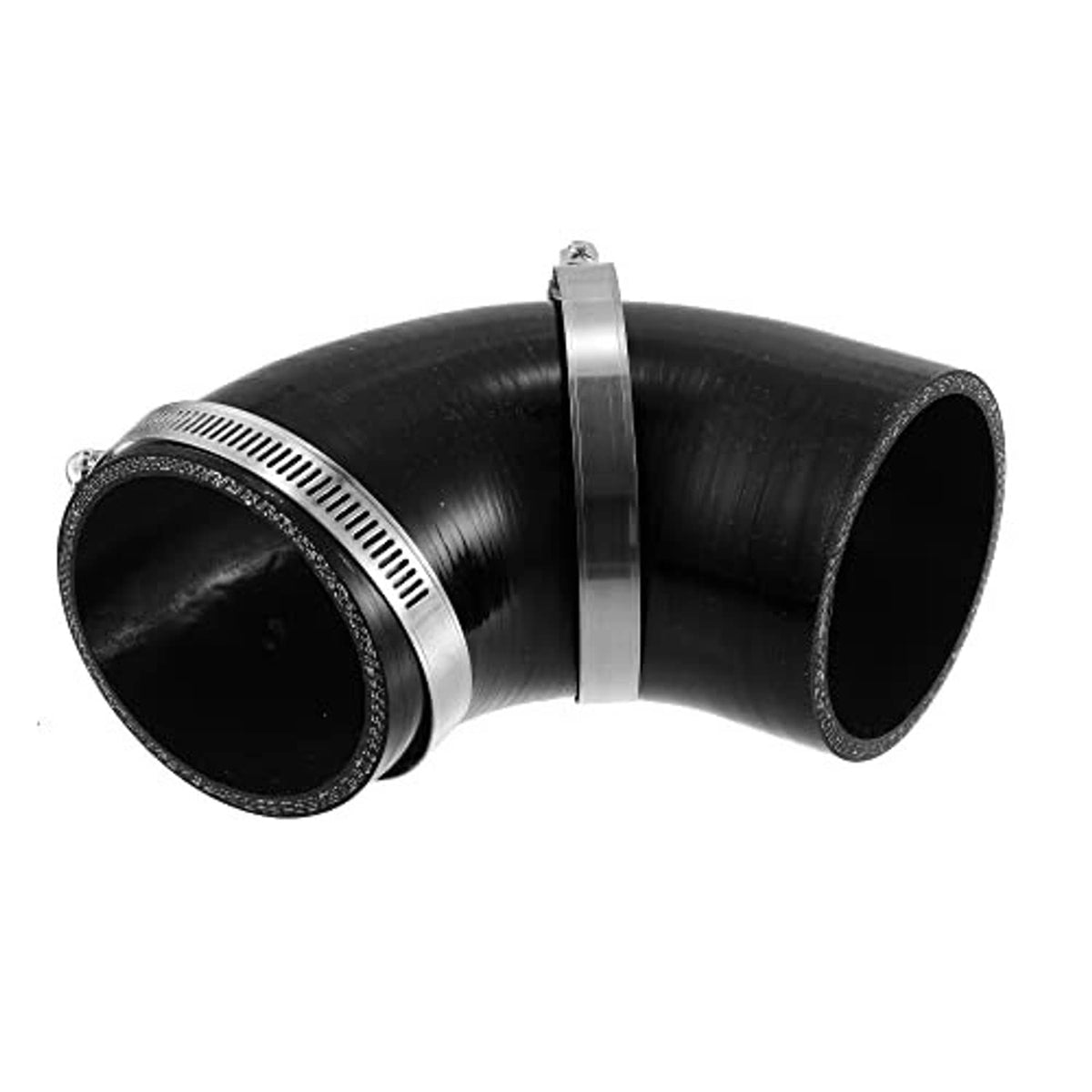 Black 90-degree silicone elbow reducer hose, 76mm (3 in), with metal band clamp
