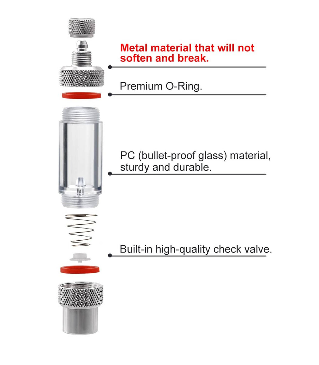 CO2 bubble counter parts with red O-ring, clear PC chamber, and metal check valve