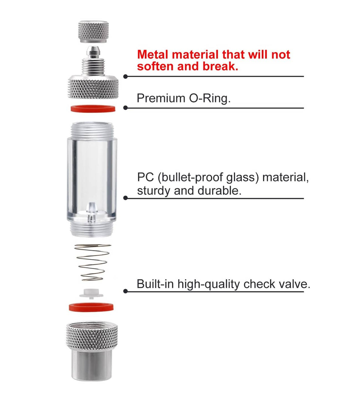 CO2 bubble counter parts with red O-ring, clear PC chamber, and metal check valve